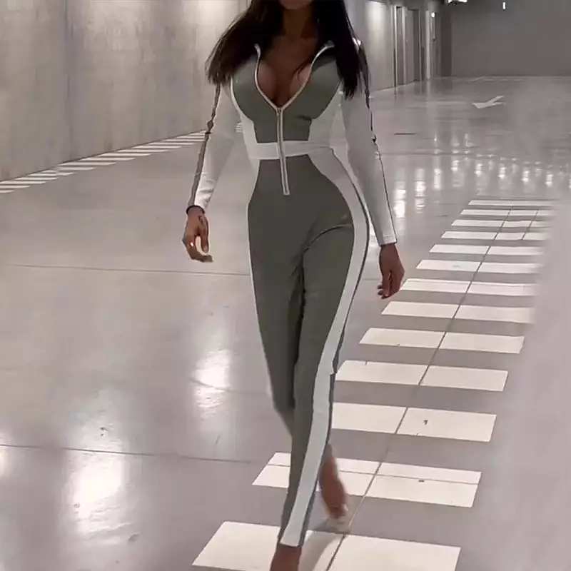 Women Jumpsuit  Long Sleeve Color Block Zipper Romper Casual Bodycon Tracksuit High Streetwear