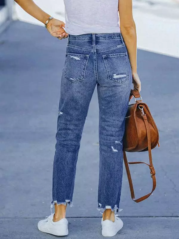 Women Ripped Straight Leg Jeans