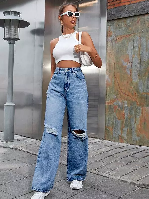 Women Ripped Wide Leg Jeans