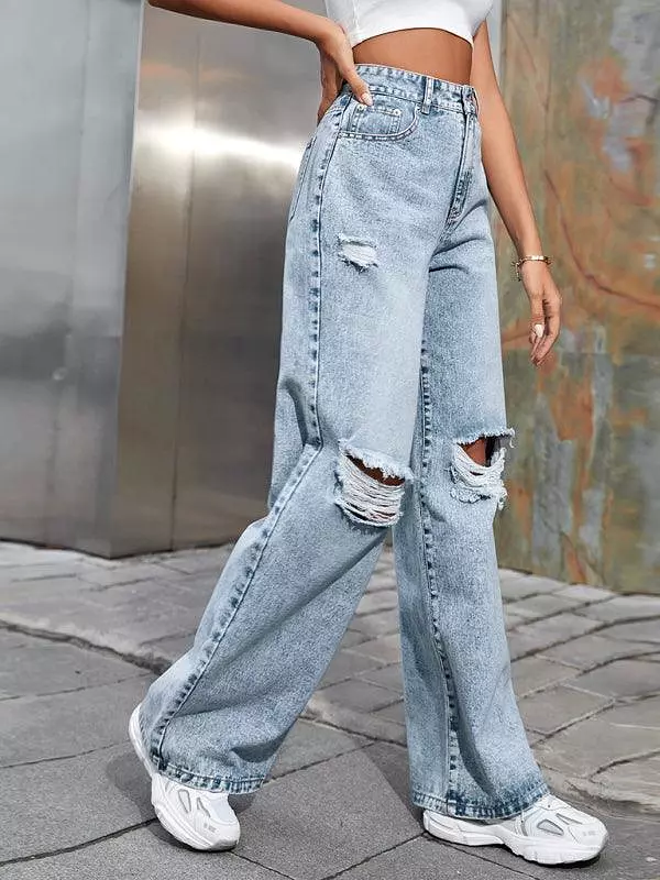 Women Ripped Wide Leg Jeans