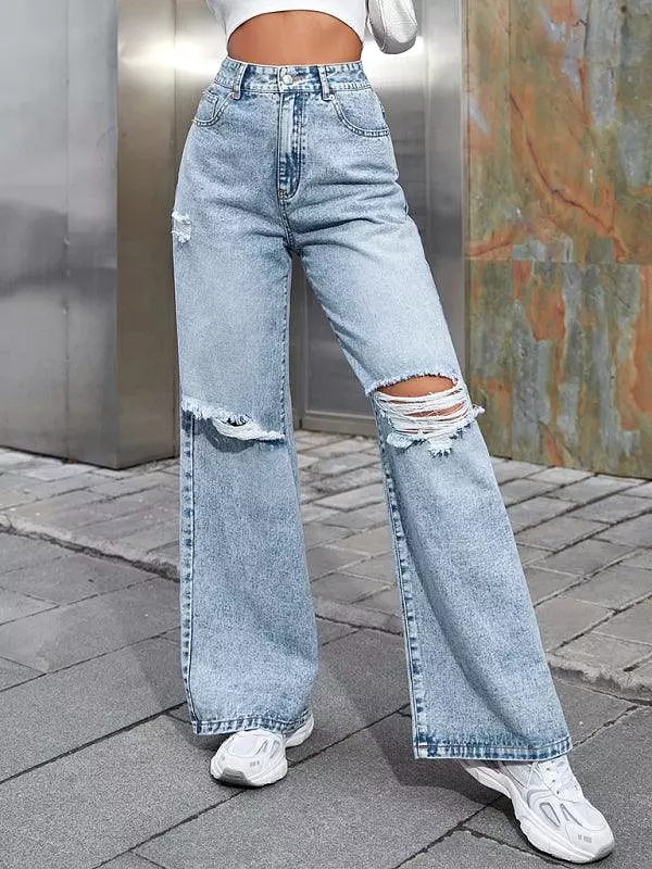 Women Ripped Wide Leg Jeans