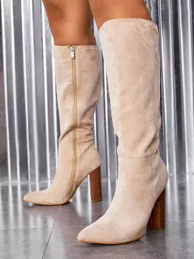 Women Shoes New Years Fashion Pointed Toe Chunky Heel Beige Boots For Autumn/Winter