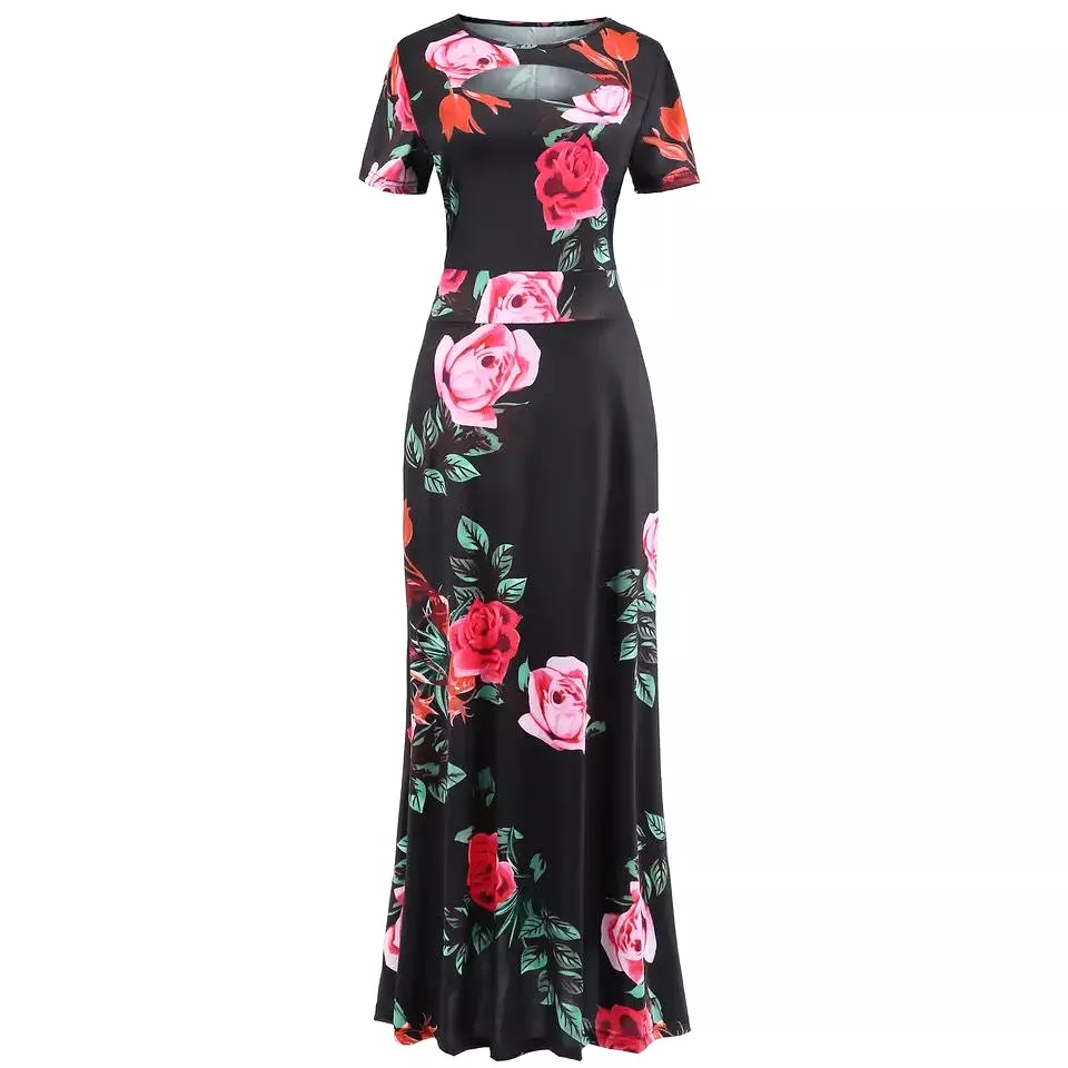 Women Short Sleeve Hollow Out O-neck Long Dress Summer Elegant Floral Printed High Waist Elastic Elegant Boho Robe Maxi Vestidos