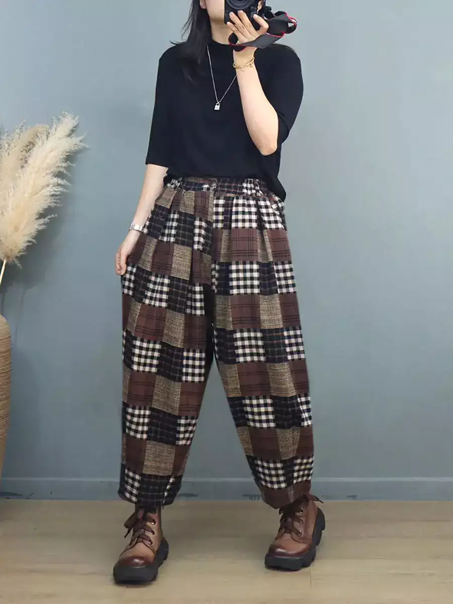 Women Vintage Plaid Harem Pants