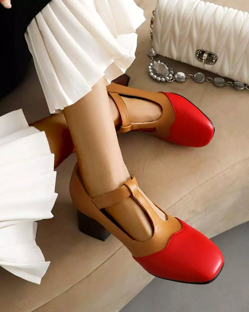 Women's Casual Color Block Square Toe Chunky Heels