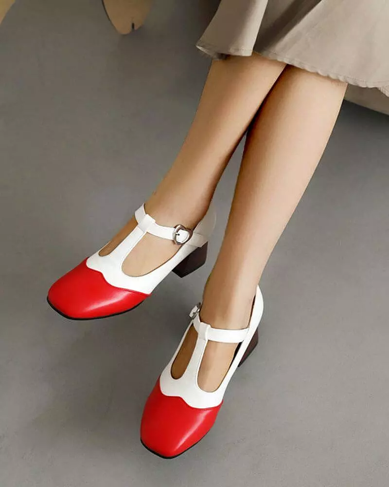 Women's Casual Color Block Square Toe Chunky Heels