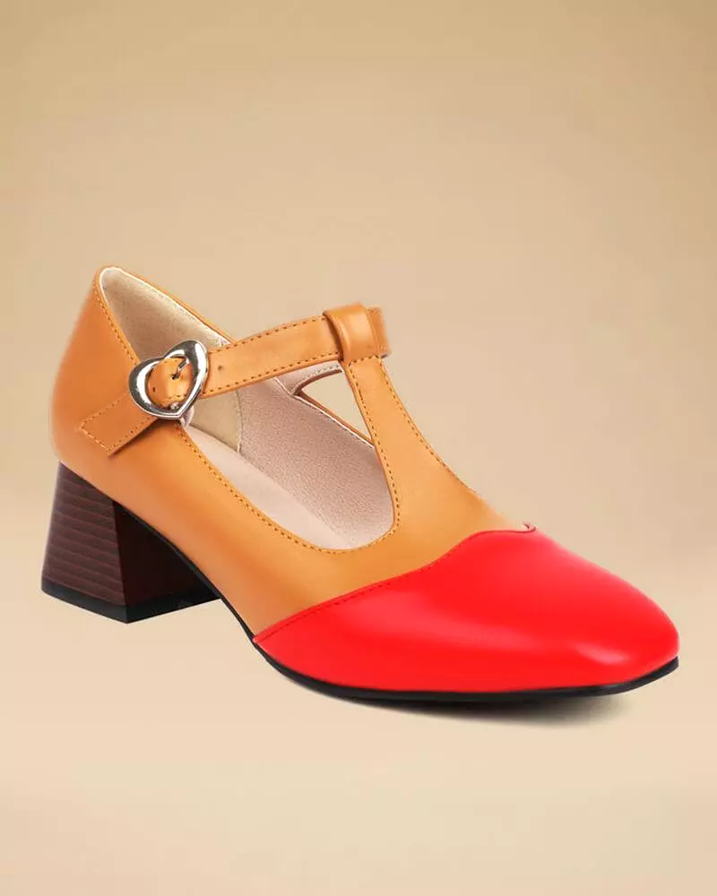 Women's Casual Color Block Square Toe Chunky Heels