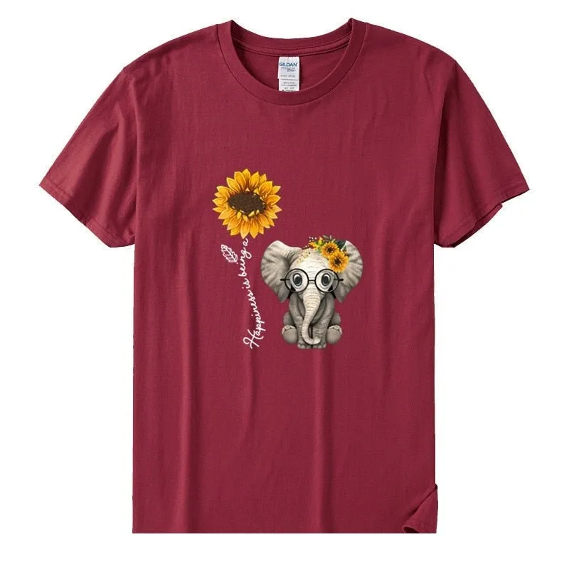 Women's Casual Elephant Sunflower Printed Short Sleeve Cotton T-shirts