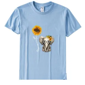 Women's Casual Elephant Sunflower Printed Short Sleeve Cotton T-shirts