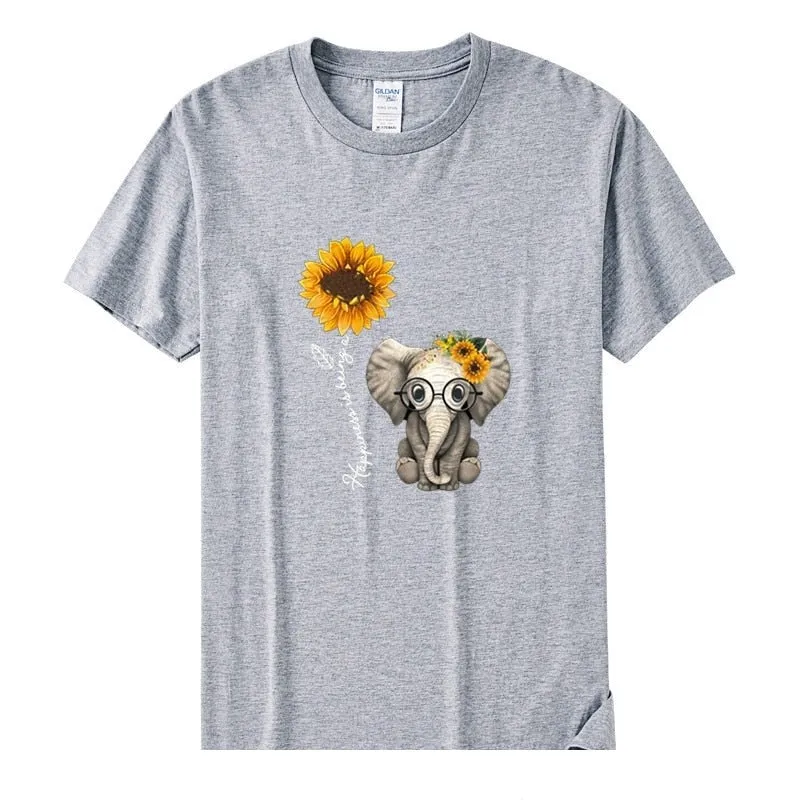 Women's Casual Elephant Sunflower Printed Short Sleeve Cotton T-shirts