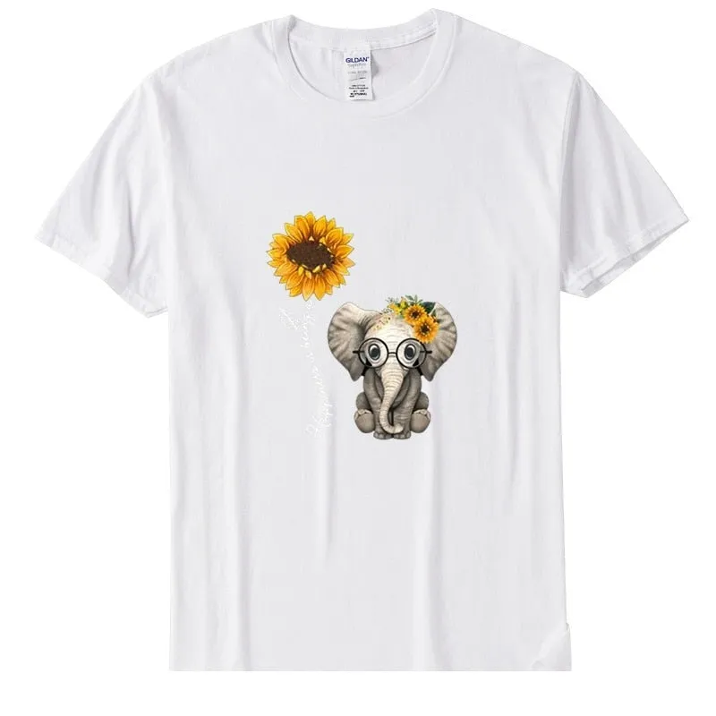 Women's Casual Elephant Sunflower Printed Short Sleeve Cotton T-shirts