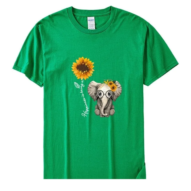 Women's Casual Elephant Sunflower Printed Short Sleeve Cotton T-shirts