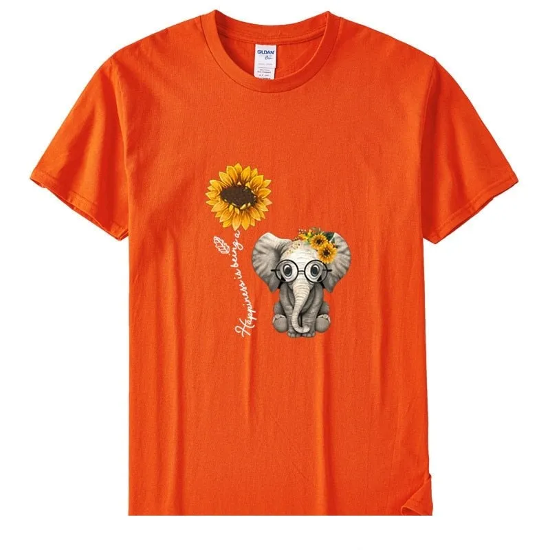 Women's Casual Elephant Sunflower Printed Short Sleeve Cotton T-shirts