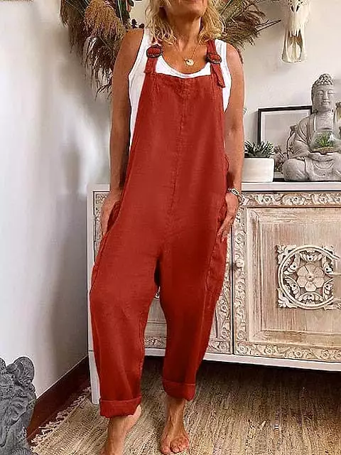 Women's Casual Faux Linen Jumpsuits with Side Pockets and Full-Length Pants