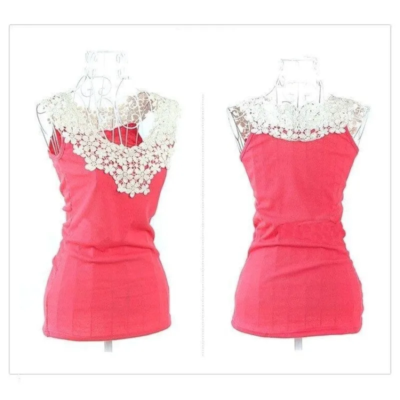 Women's Crochet Lace Chiffon Shirt Sleeveless Slim Casual Blouse