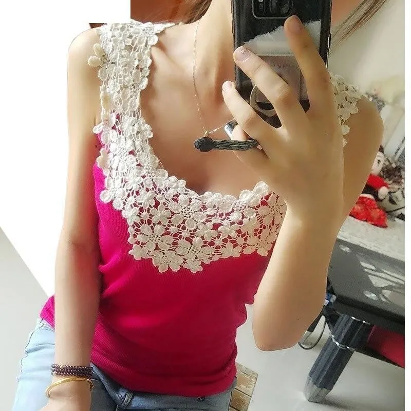 Women's Crochet Lace Chiffon Shirt Sleeveless Slim Casual Blouse