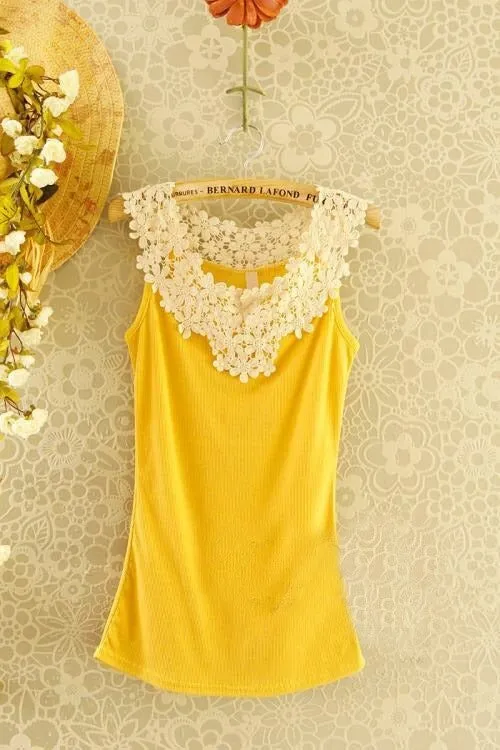 Women's Crochet Lace Chiffon Shirt Sleeveless Slim Casual Blouse