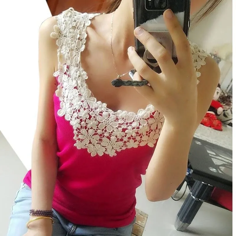 Women's Crochet Lace Chiffon Shirt Sleeveless Slim Casual Blouse