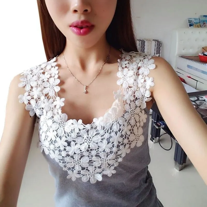 Women's Crochet Lace Chiffon Shirt Sleeveless Slim Casual Blouse