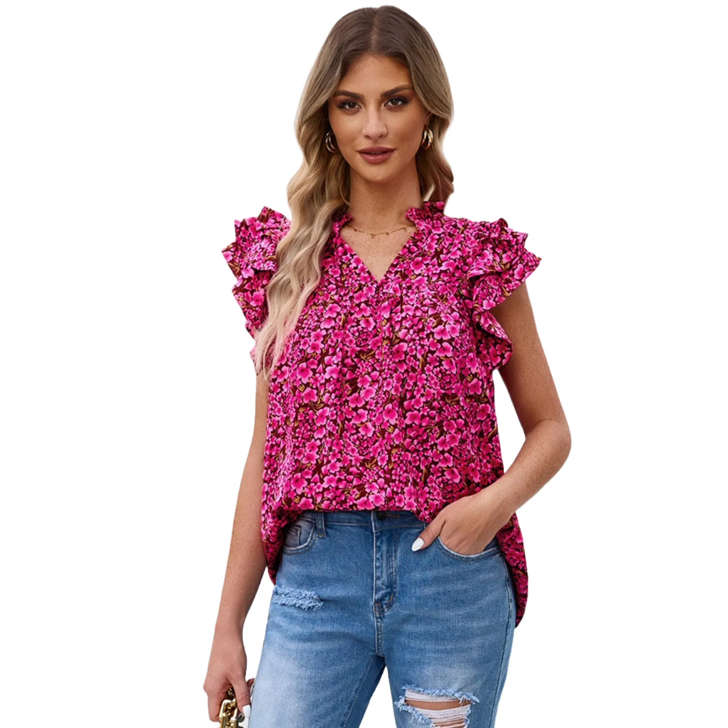 Women's Elegant Casual Floral V-Neck Ruffle Blouse Top for Summer-Pink