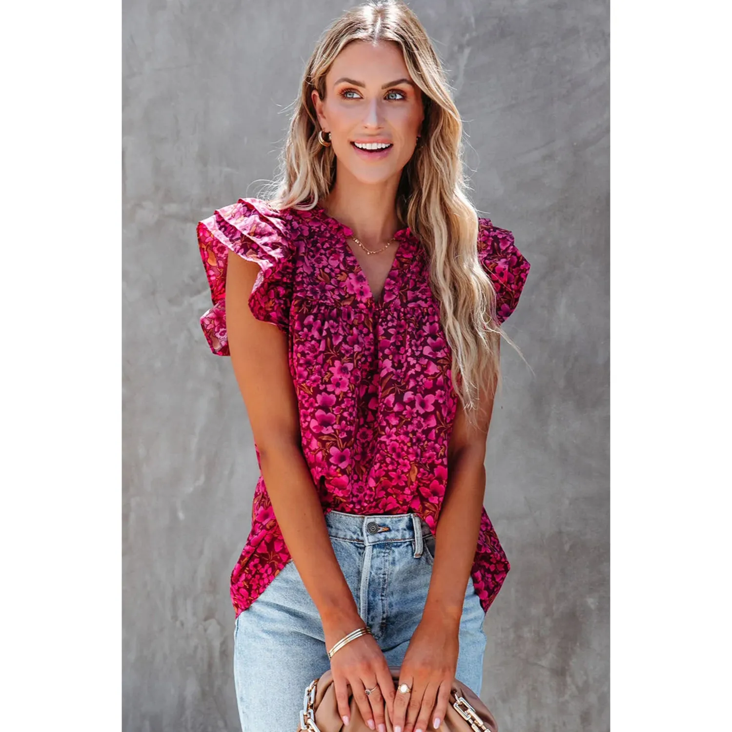 Women's Elegant Casual Floral V-Neck Ruffle Blouse Top for Summer-Pink