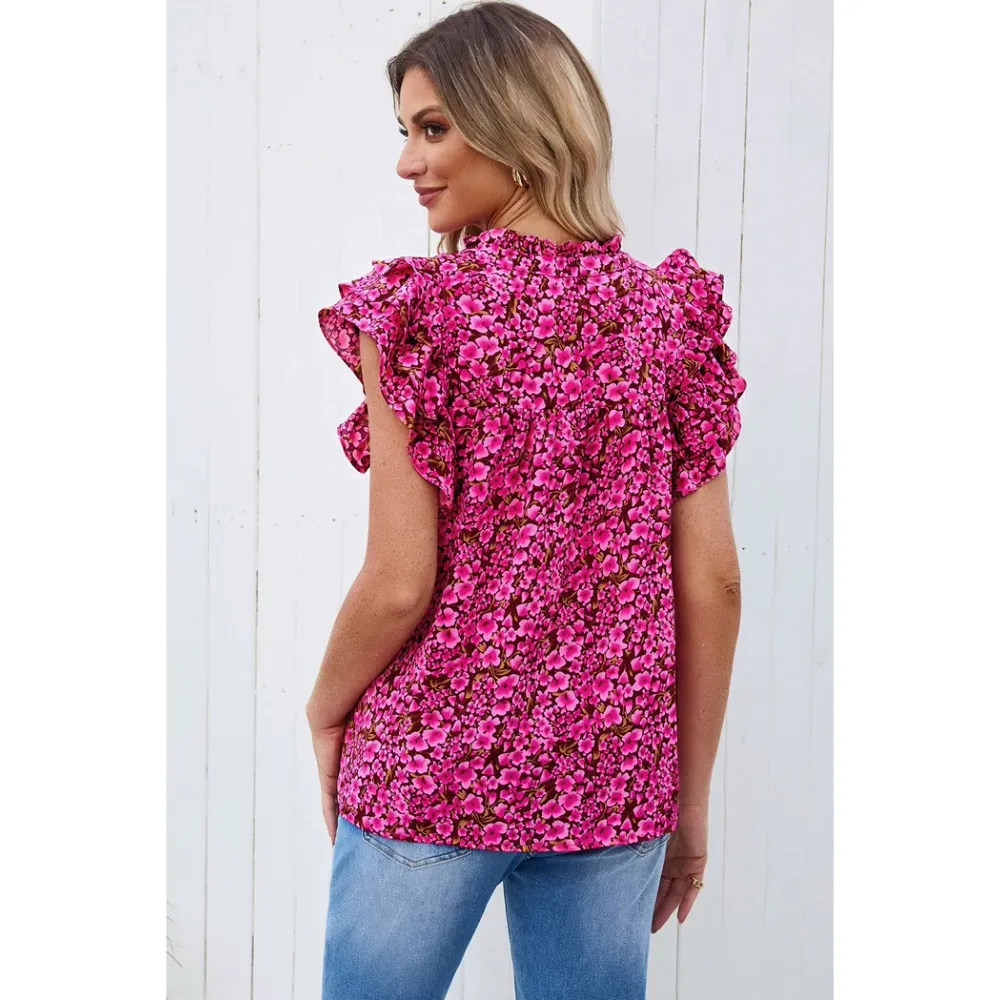 Women's Elegant Casual Floral V-Neck Ruffle Blouse Top for Summer-Pink