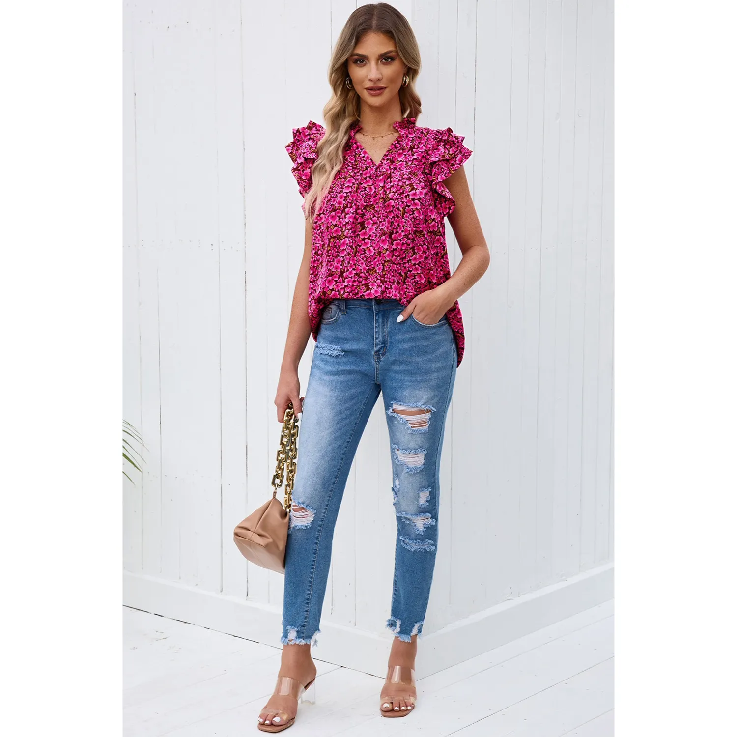 Women's Elegant Casual Floral V-Neck Ruffle Blouse Top for Summer-Pink