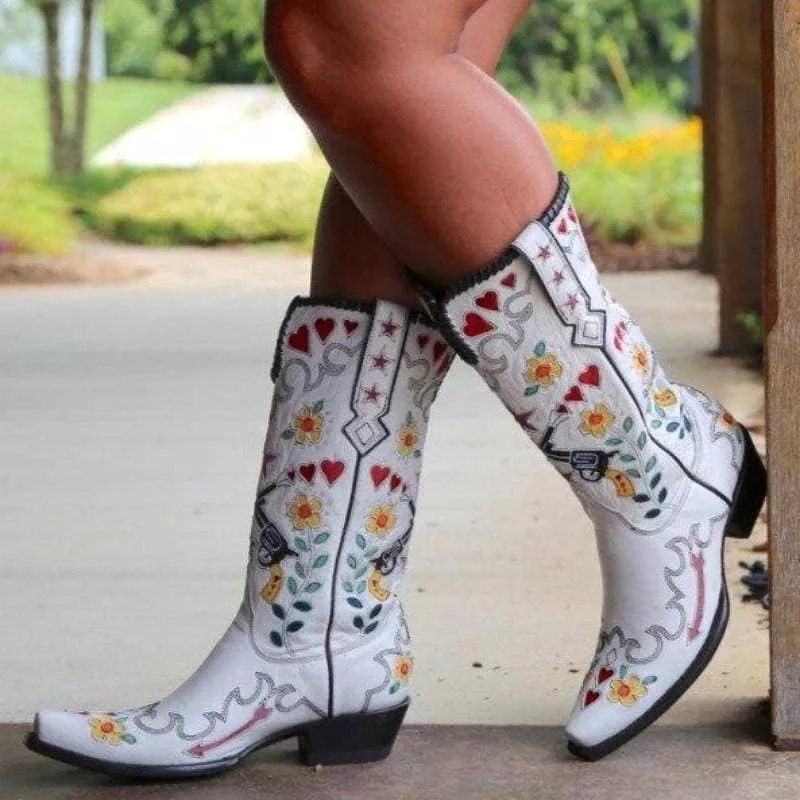 Women's Embroidery Pointed Toe Chunky Heel Western Cowboy Boots