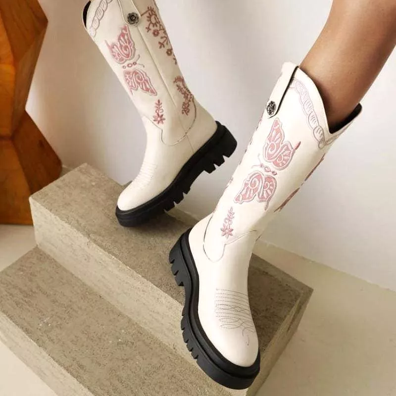 Women's Embroidery Wedge Platform Western Cowboy Boots