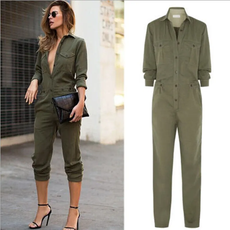 Women's Ladies Army Green Long Sleeves Turn-down Collar Buttons Closure Slim Playsuit Romper Jumpsuits S M L XL SM6