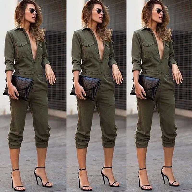 Women's Ladies Army Green Long Sleeves Turn-down Collar Buttons Closure Slim Playsuit Romper Jumpsuits S M L XL SM6