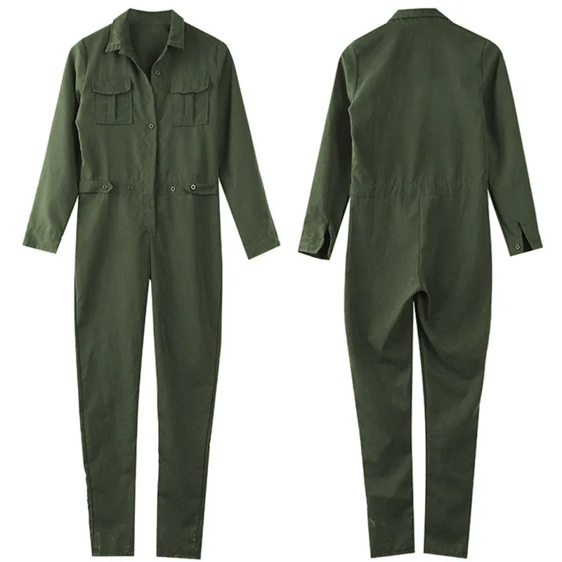 Women's Ladies Army Green Long Sleeves Turn-down Collar Buttons Closure Slim Playsuit Romper Jumpsuits S M L XL SM6