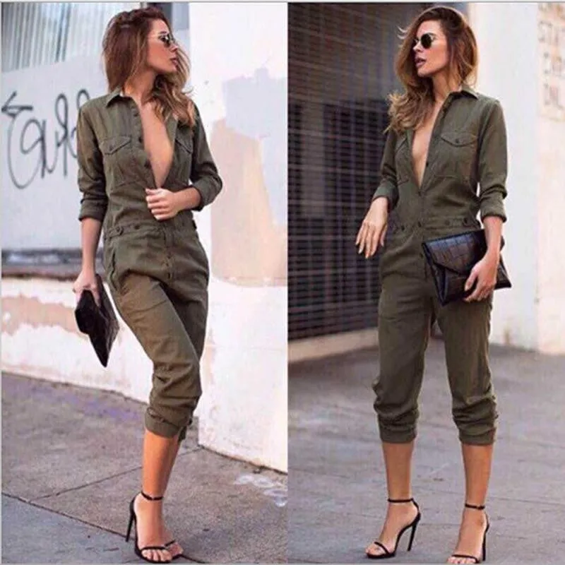 Women's Ladies Army Green Long Sleeves Turn-down Collar Buttons Closure Slim Playsuit Romper Jumpsuits S M L XL SM6