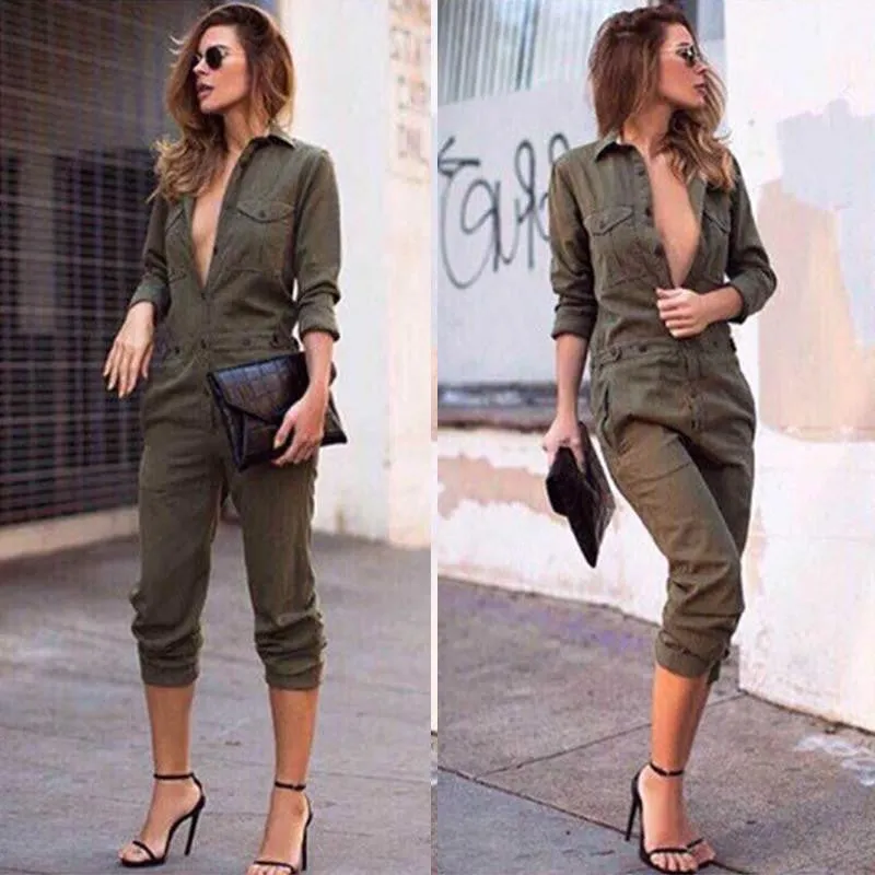 Women's Ladies Army Green Long Sleeves Turn-down Collar Buttons Closure Slim Playsuit Romper Jumpsuits S M L XL SM6