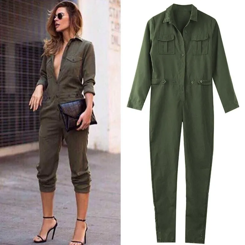 Women's Ladies Army Green Long Sleeves Turn-down Collar Buttons Closure Slim Playsuit Romper Jumpsuits S M L XL SM6