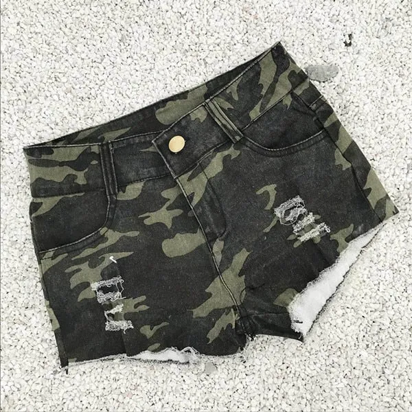 Women's Sexy Summer Casual Camouflage Denim Hole High Waist Shorts