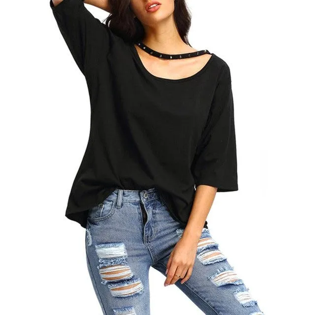 Women's Shirts Fashion  Cotton Blend T-shirt Casual Loose Black Half Sleeves Tee Top Femme camisetas Mujer GS