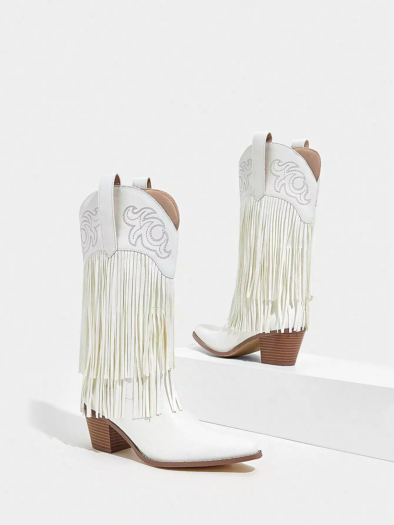 Women's Shoes Fashion Embroidery Tassels Design Pointed Toe White Thick Heel Western Boots