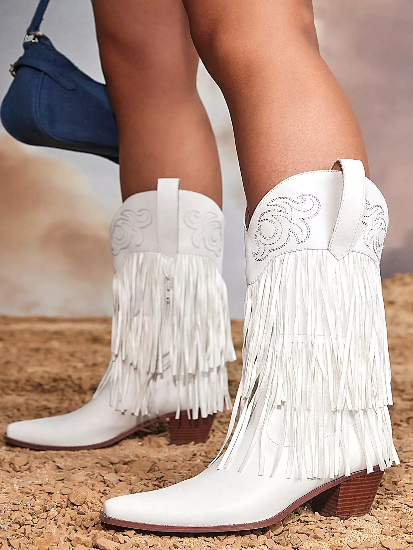 Women's Shoes Fashion Embroidery Tassels Design Pointed Toe White Thick Heel Western Boots