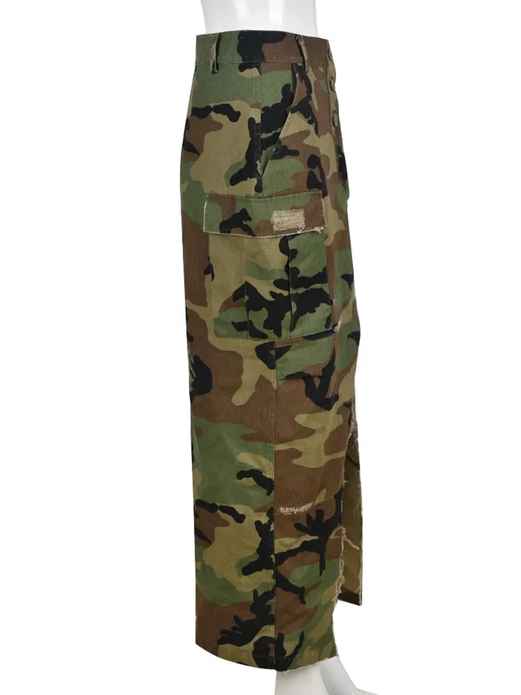 Women's Split Camouflage Pattern Loose High Waist Casual Long Skirt