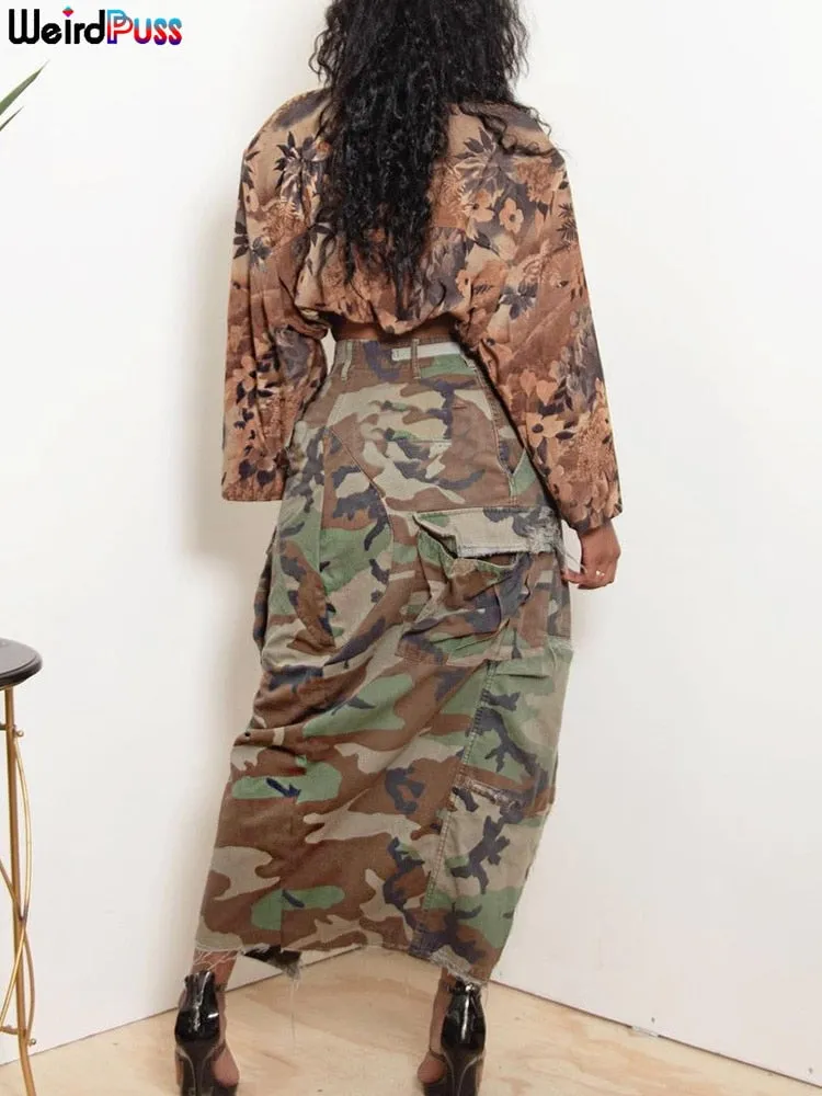 Women's Split Camouflage Pattern Loose High Waist Casual Long Skirt