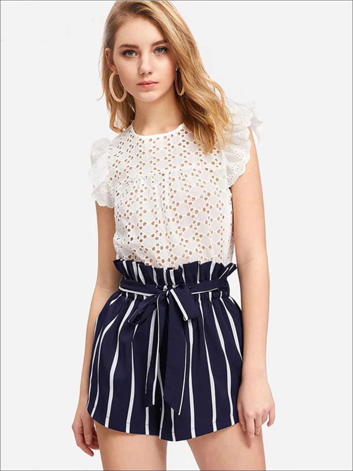 Women's Striped Frill Trim Waist Casual Belted Shorts