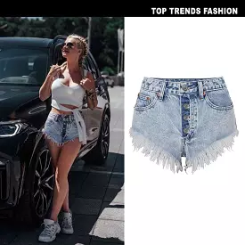 Women's Summer High Waist Breasted Worn Washed Snowflake Ladies Denim Shorts Beach Hot Pants