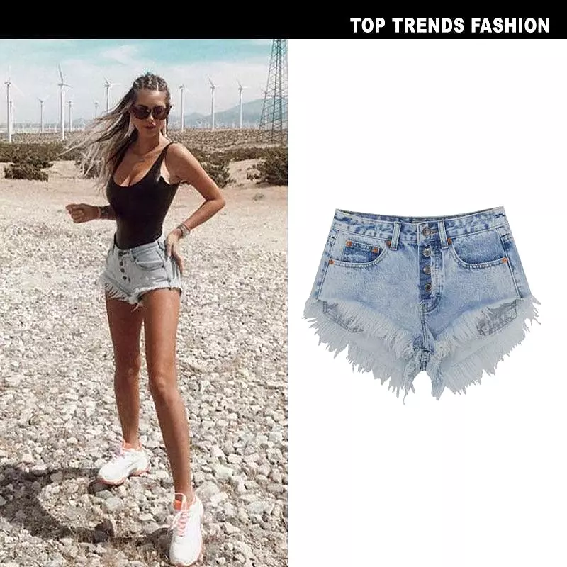 Women's Summer High Waist Breasted Worn Washed Snowflake Ladies Denim Shorts Beach Hot Pants