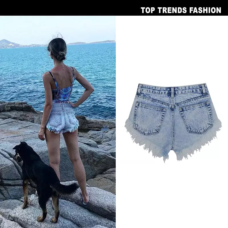 Women's Summer High Waist Breasted Worn Washed Snowflake Ladies Denim Shorts Beach Hot Pants