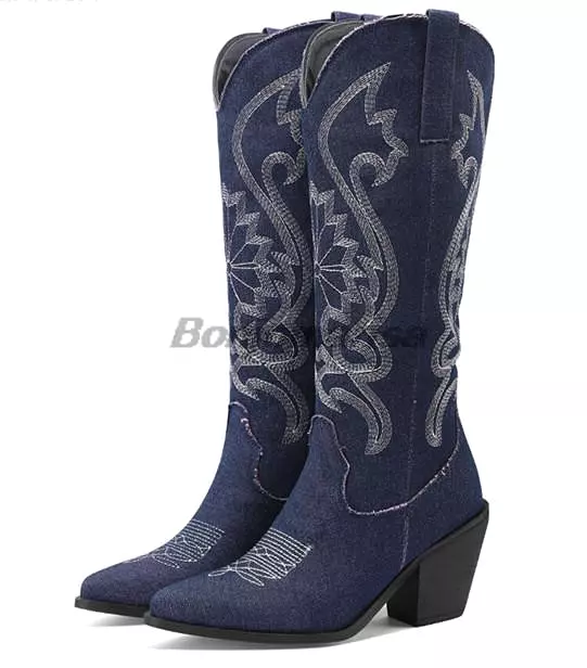 Women's Western Boots Embroidery Design Cowboy Cowgirls Boots Flock Fashion Pointed Toe Slip On Autumn Street Style Shoes Brand