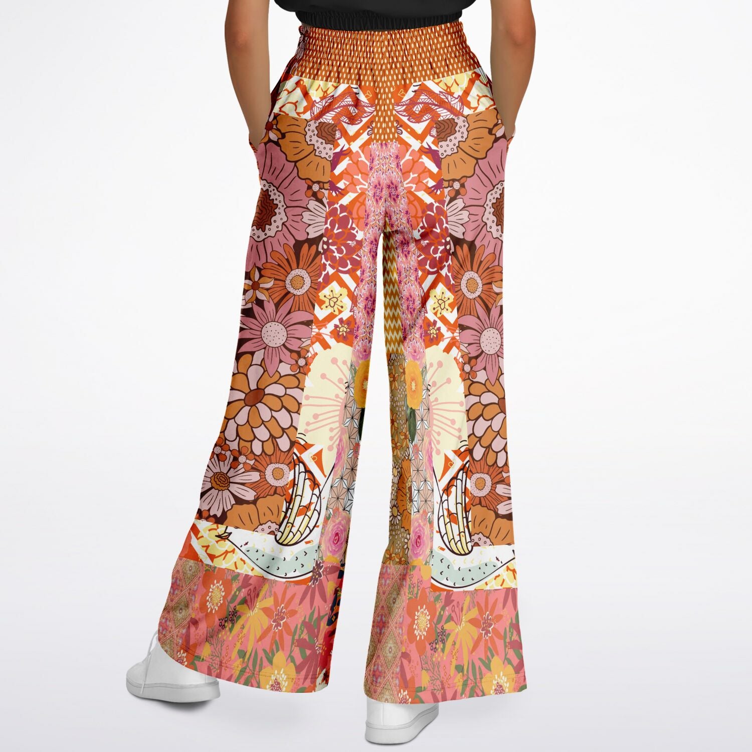 Yogananda Pink Floral Patchwork Eco-Poly Stretchy Phat Bellbottoms