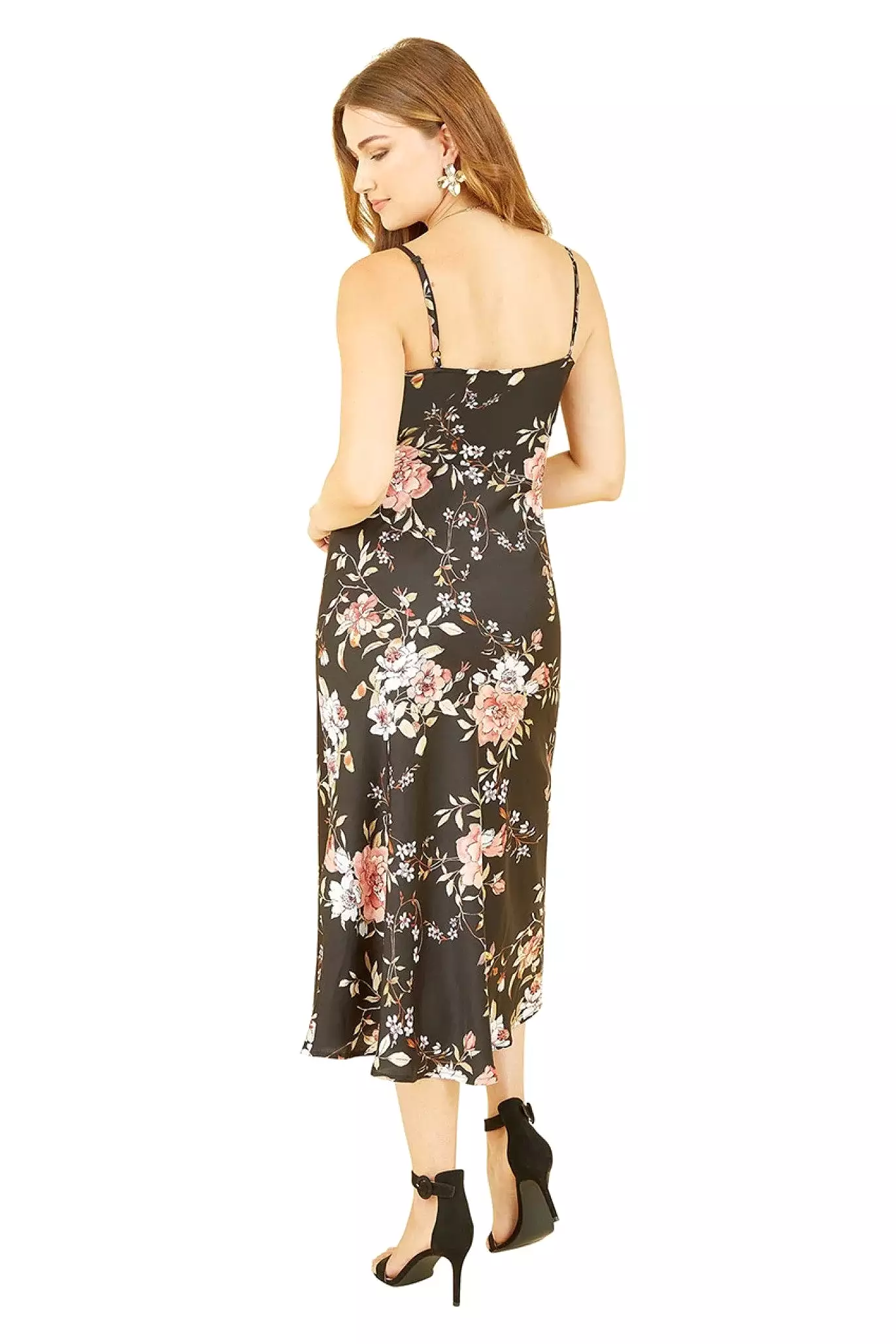 Yumi Black Satin Floral Cowl Neck Slip Dress