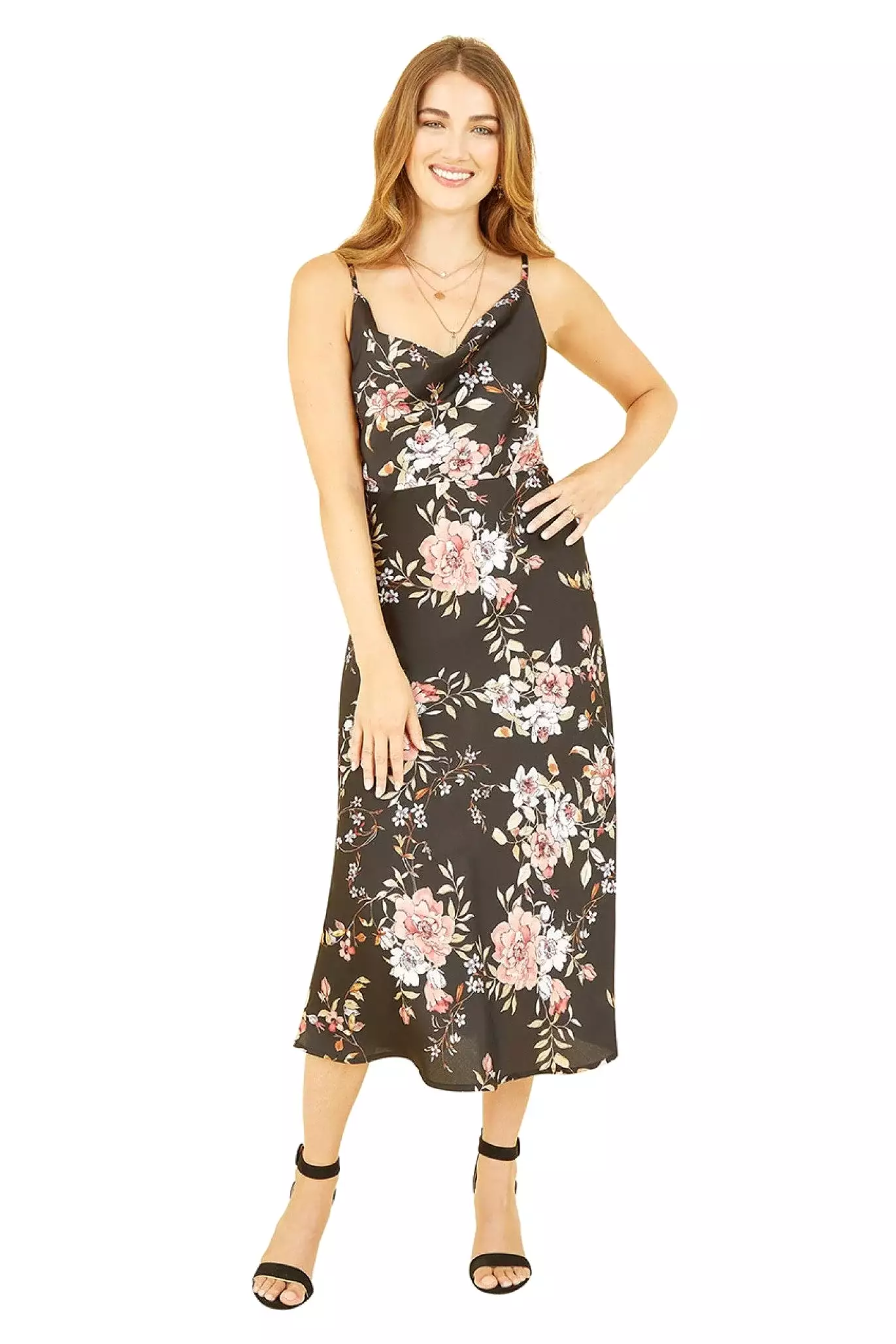 Yumi Black Satin Floral Cowl Neck Slip Dress